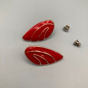 Vintage 1990s Enamel Inlay Wing Shaped Stud Back Earrings Red on Gold Tone Vivid